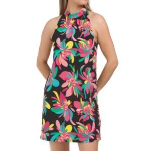 NWT TRINA TURK Halter Dress L Hana Hou Vibrant Black Tropical Floral Resortwear